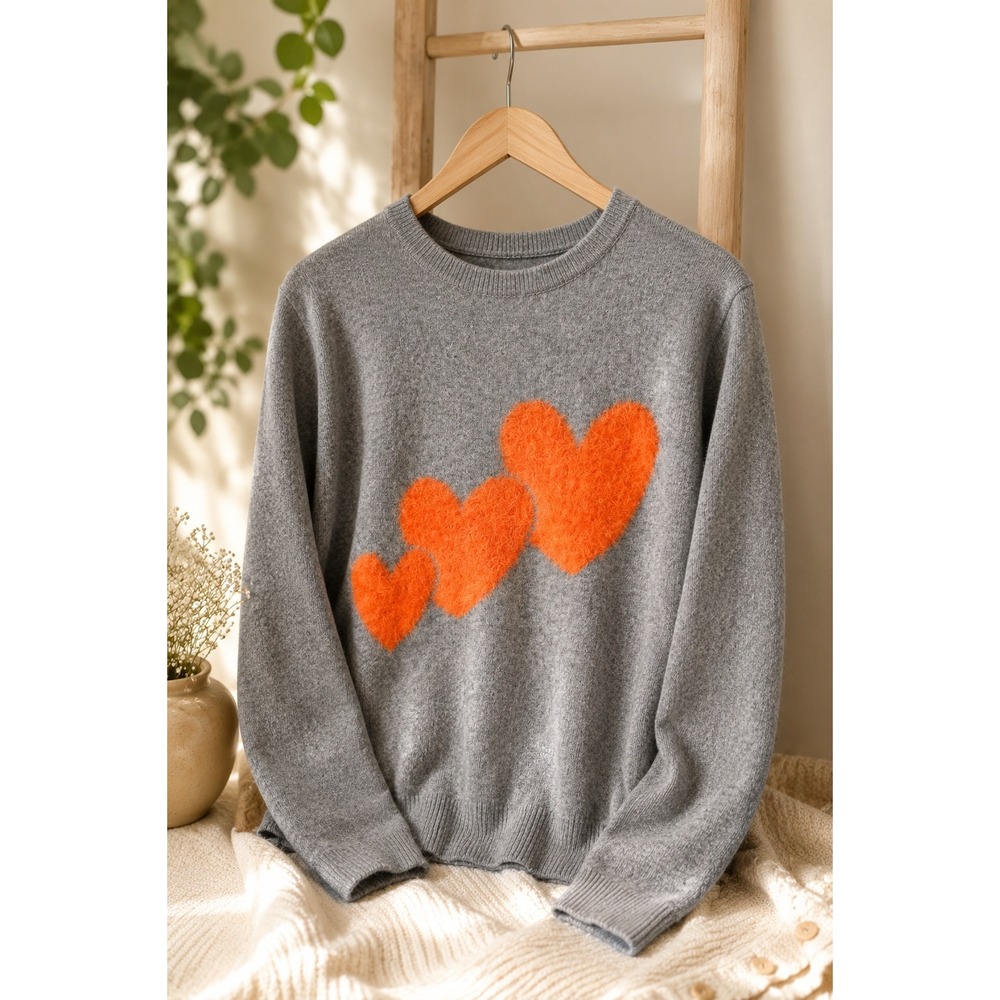 Cashmere Blend Heart Sweater Fuzzy Orange Hearts Knit‎ Pullover L Made in Italy